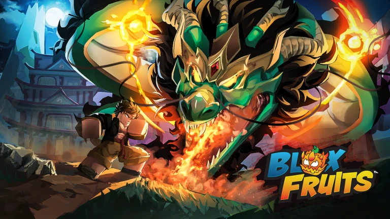 Blox Fruits promotional art showing a player facing a large dragon